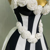 2025New Women Flower Decoration Strapless Black White Stripe Bandage Short Dress Cocktail Party Elegant Evening Club Party Dress