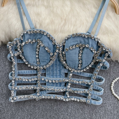 Streetwear Diamonds Denim Vest Female Bra Sleeveless Backless Sexy Summer Tank Tops For Women Camisole y2k Crop Top 2025