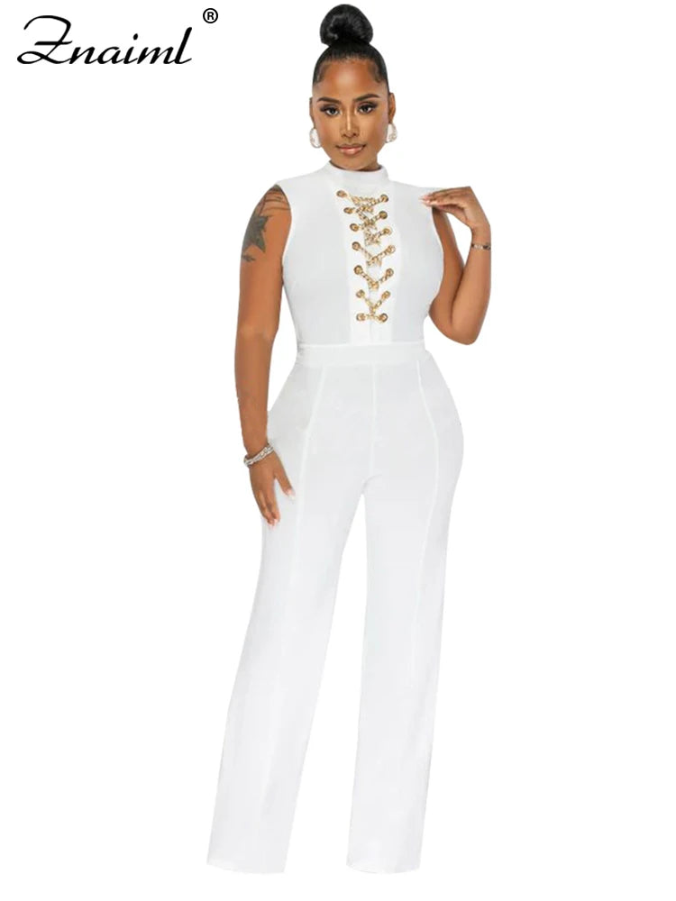 Znaiml Office Lady Jumpsuit High Waist Elegant Black One Pieces Chain Short Sleeve Straight Wide Leg Romper Birthday Overalls