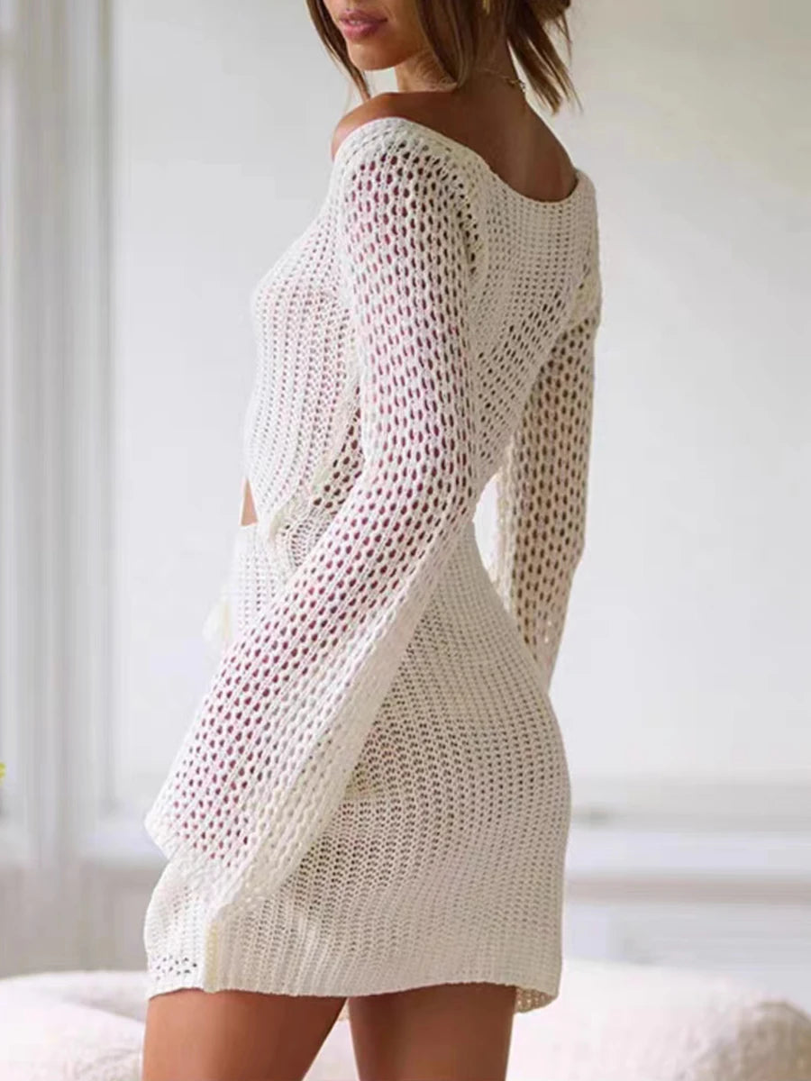 Mesh Crochet Long Beach Shirt Women Solid Cover Up Ladies Long Sleeve Hollow Out 2025 Sexy Beachwear Bathers Swim Bathing Suit