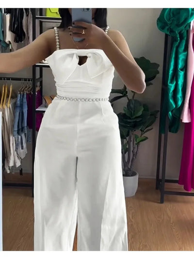 Spring New Jumpsuit Women Bandeau Beaded Spaghetti Strap Bowknot Design Ruched Slim Fit Elegant Wide-Leg Overall Female Jumpsuit