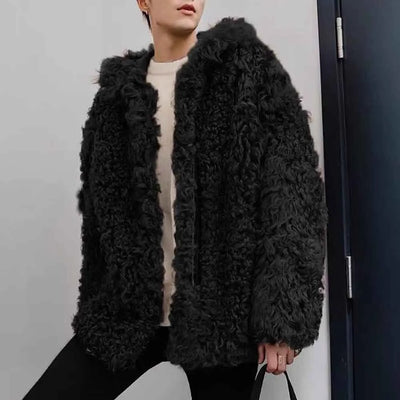 Winter New Men's Solid Color Faux Fur Long-Sleeved Jacket Korean Retro Fashion Trend Street Casual Loose Simple Niche Men's Top