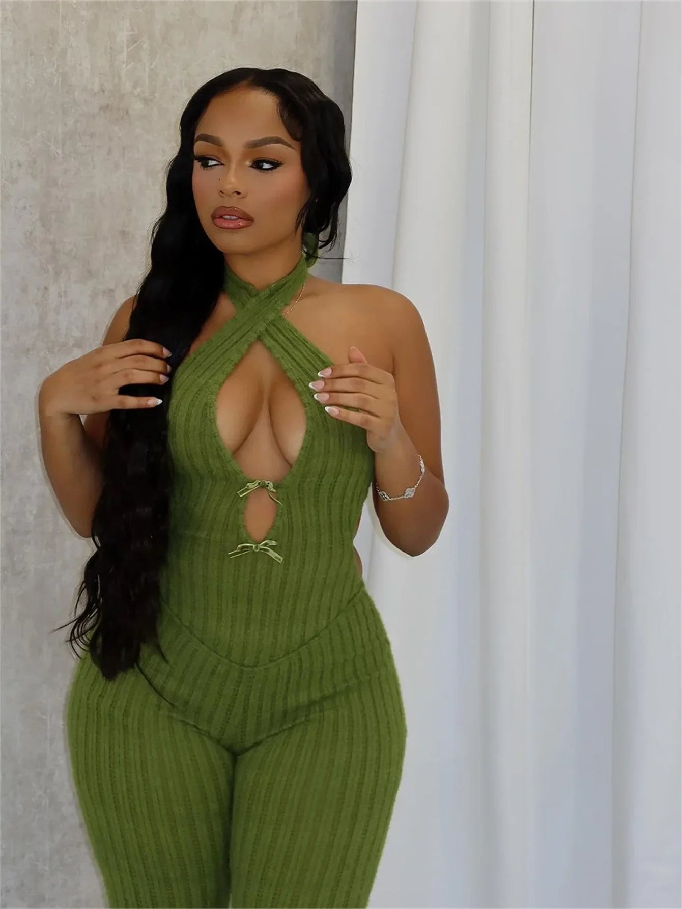 Women Knit Halter Bow Sleeveless Long Jumpsuits 2025 Summer Backless Sexy Outfits Night Club Party One Piece Rompers