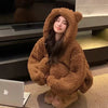 Brown Furry Pajama Sets Fluffy Teddy Bear Hooded Zipper Sleepwear Women Plush Warm Thick Christmas Homewear Y2K Kawaii Nightwear