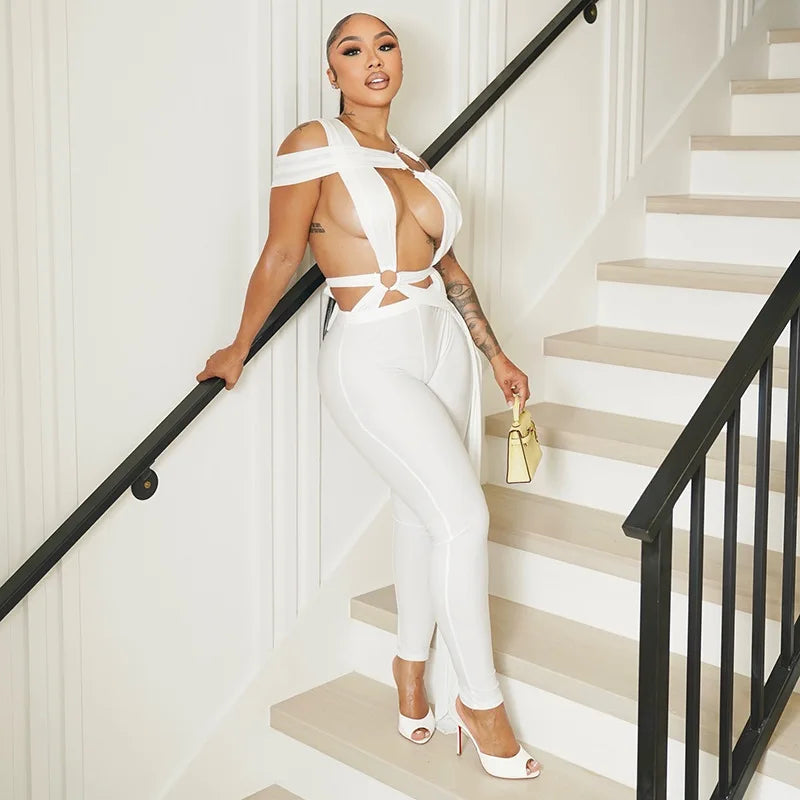 Joskaa Sexy Hollow Bandage Irregular Jumpsuit Women Summer Sleeveless Backless Ribbon Skinny Rompers 2025 Midnight Clubwear