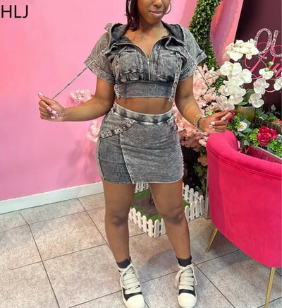 HLJ&GG Fashion Pocket Cargo Hooded Two Piece Sets Women Zip Slim Crop Top And Mini Skirts Outfits Female Washed 2pcs Streetwear