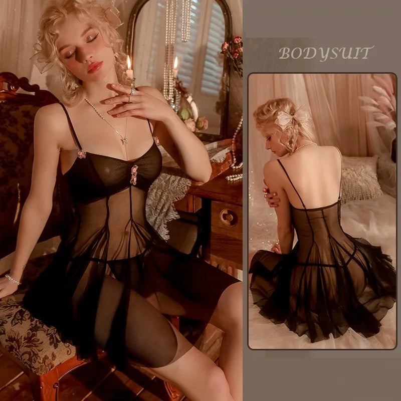 Sexy Elegant Lingerie Nightgowns Perspective Women Elegant Nightwear Lace Trim Sleepwear Woman Sleeveless Suspender Nightdress