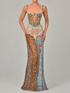 Mozision Leopard Print Lace Split Sexy Maxi Dress Women Gown Elegant Patchwork Chiffon Sleeveless Backless Beach Evening Dress