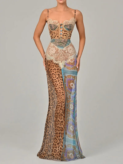 Mozision Leopard Print Lace Split Sexy Maxi Dress Women Gown Elegant Patchwork Chiffon Sleeveless Backless Beach Evening Dress