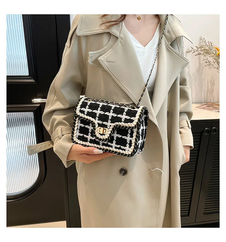 Black & White Plaid Casual Shoulder Bag Crossbody Handbag Women's Shoulder Bags Handbags With Top Handle Fashion Square Bag