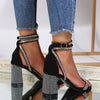 Shiny Gold Rhinestones Chunky Heels Sandals Women Sexy Cross Ankle Strap Silver High Heels Summer Party Dress Shoes Ladies Pumps