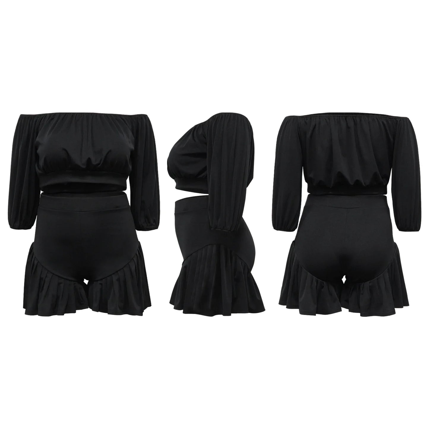CM.YAYA Plus Size Women's Set Long Sleeve Slash Neck T-Shirt and Shorts 2025 Summer Ruched Two 2 Piece Set Outfits Tracksuit