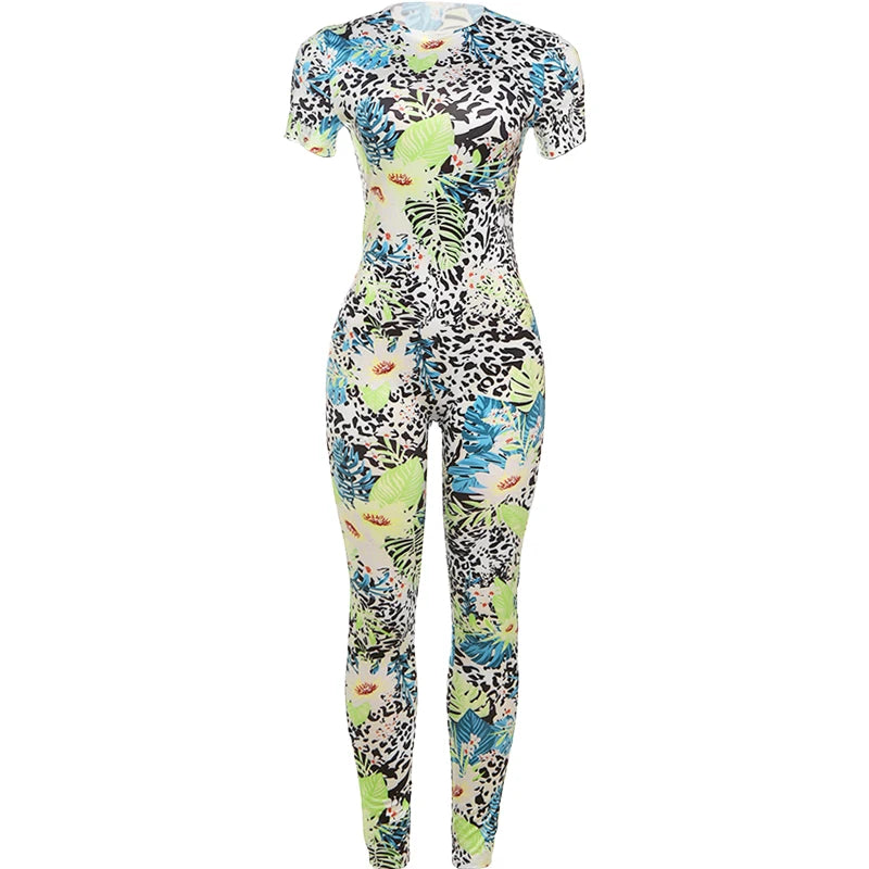 Insglas Print Jumpsuit Women Casual Colorful  Short Sleeve Summer Activity o-Neck Skinny Stretch Fitness Soft Street Overalls