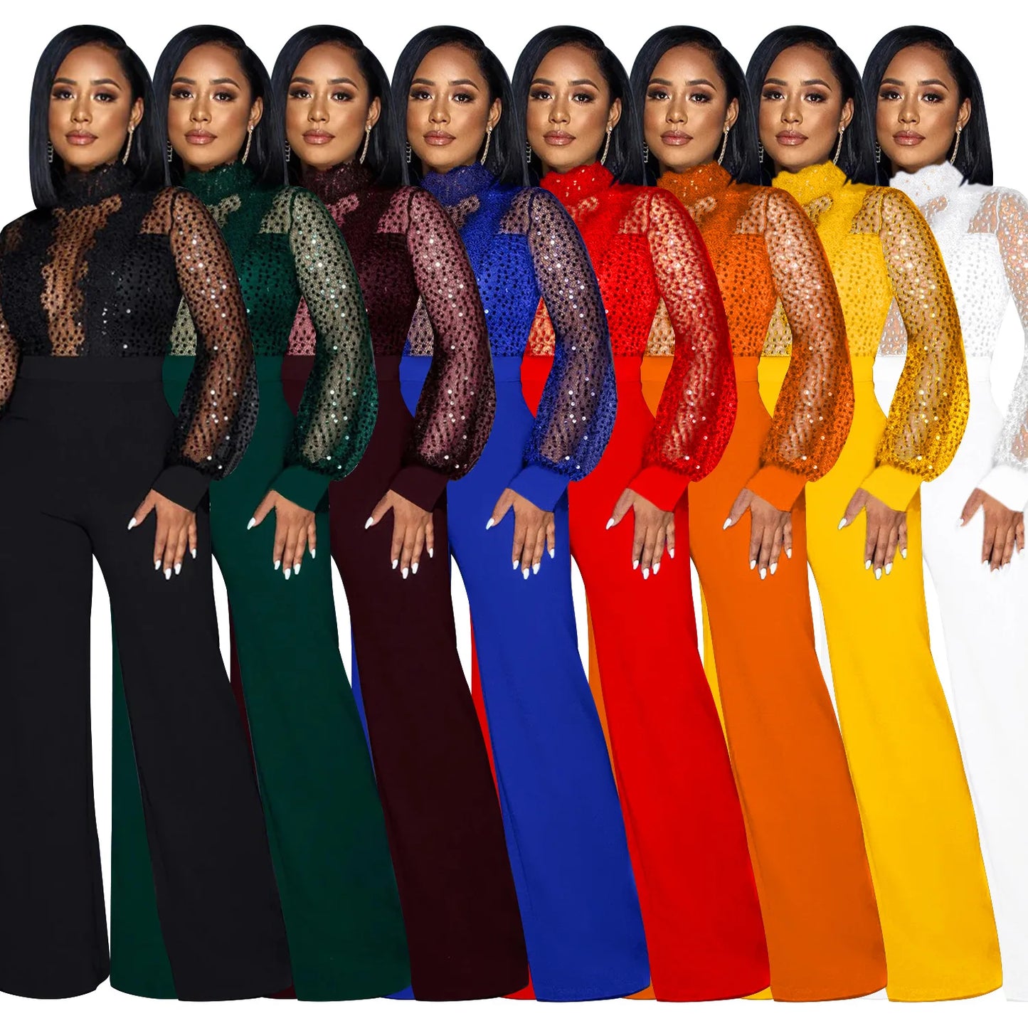 Fashion Women's Clothing Hollow Long-sleeved Loose Wide Leg Jumpsuits Overall Pants Solid Color Sexy Lace