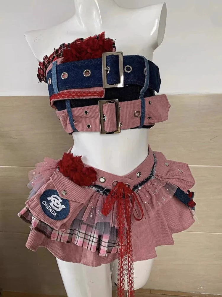 Punk Style Vintage Woman 2 Piece Sets Y2k Design Strapless Crop Tops + High Waist Ruffle Skirt Female Party Korea Style Outfits