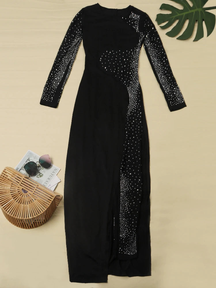Women Sexy Mesh Rhinestone Irregular Skinny Jumpsuits