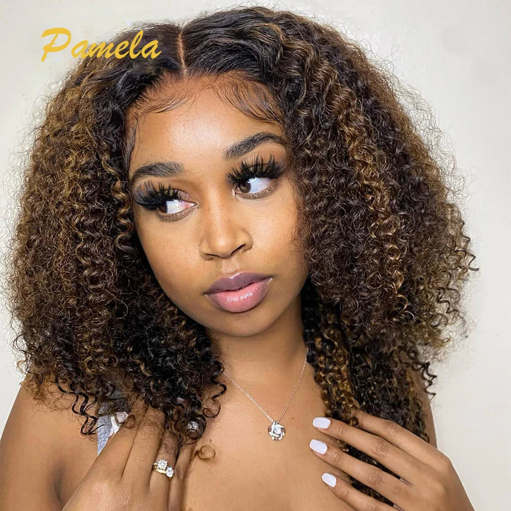 Ombre Blonde Wear and Go Glueless Short Curly 250% Density Human Hair Wigs Princess Hair Ready To Wear Lace Frontal Wigs