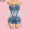 HLJ&GG Blue Sexy Denim Pocket Cargo Bodycon Rompers Women Off Shoulder Sleeveless Backless Slim Jumpsuit Fashion Cowboy Playsuit
