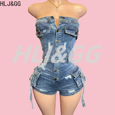 HLJ&GG Blue Sexy Denim Pocket Cargo Bodycon Rompers Women Off Shoulder Sleeveless Backless Slim Jumpsuit Fashion Cowboy Playsuit