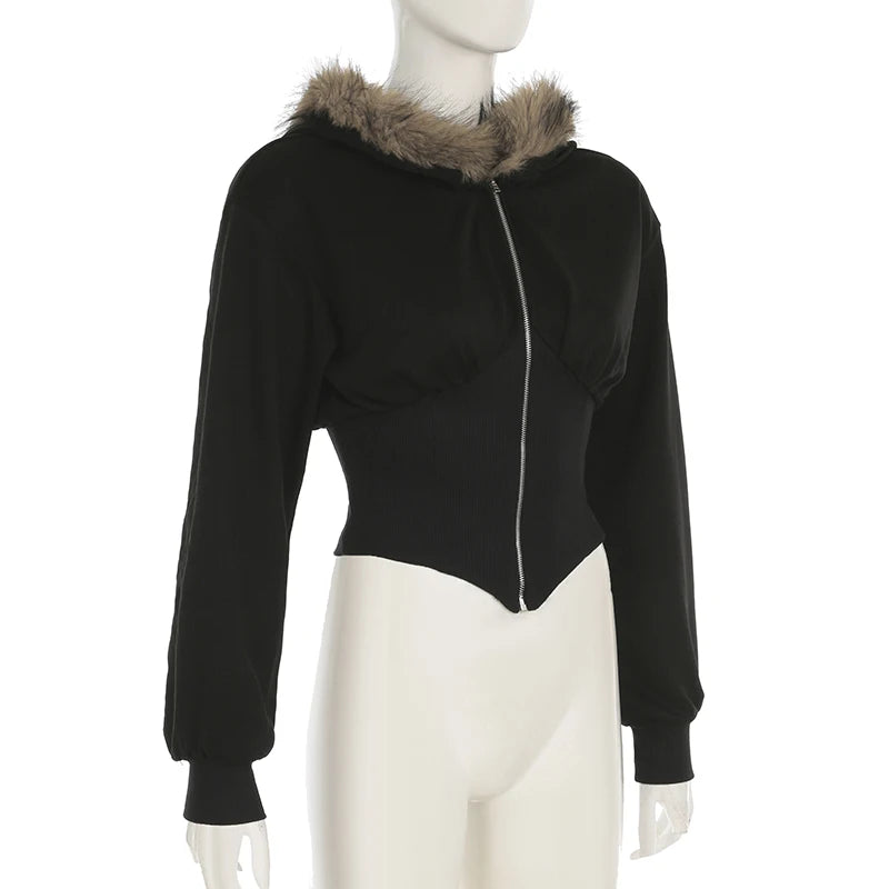 BIIKPIIK Fur Collar Hooded Women Coats Casual Zipper Slim Hoodies Simple All-match Black Harajuku Coat Autumn Winter Sweatshirts