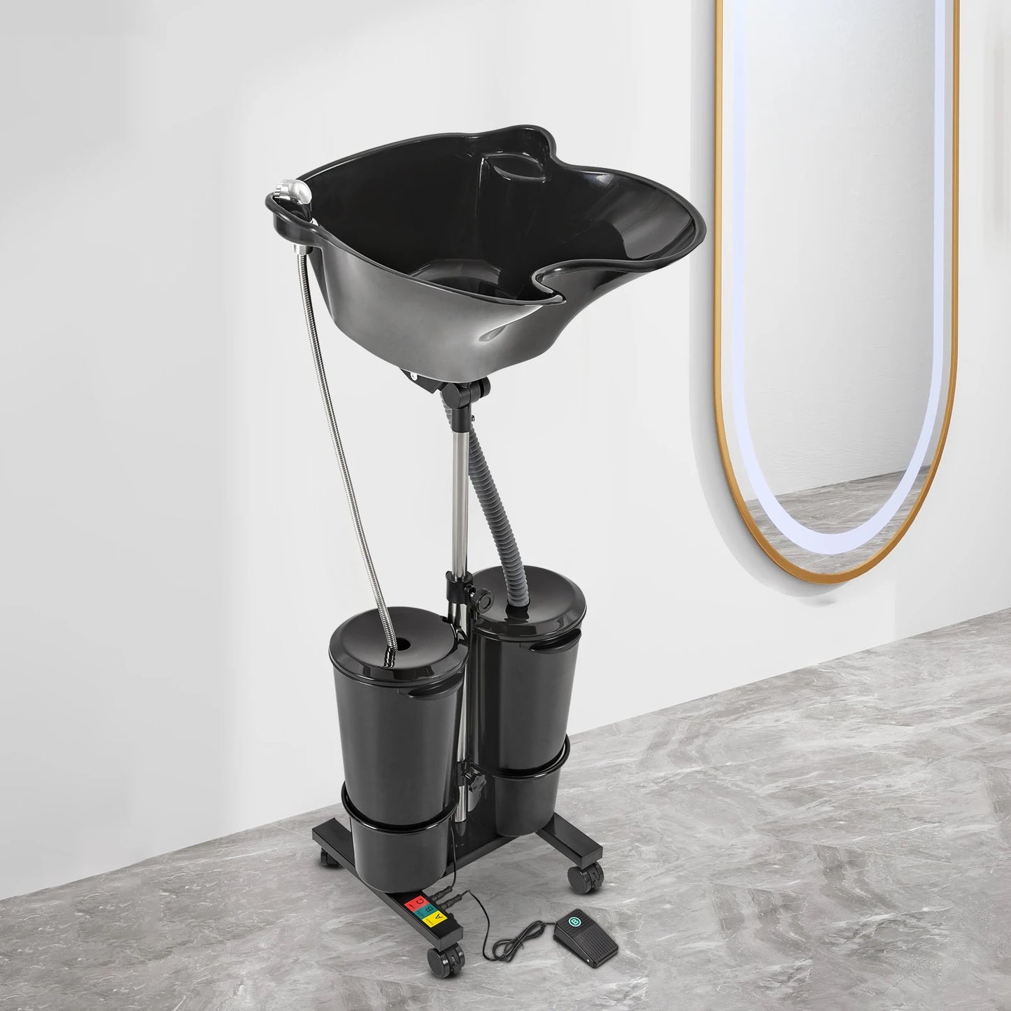 Portable Shampoo Basin with 2 Water Buckets 30cm Deep Salon Hair Washing Sink Adjustable Height Angle Mobile Shampoo Bowl Unit