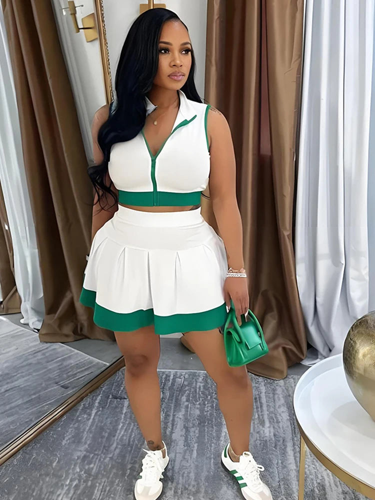 Beyprern Cute Girls Zipper Front Crop Top And Ruffles Skirt Set Summer Tracksuits Set Two Piece Dress Sporty Tennis Active Set