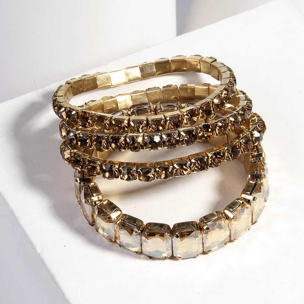 Fashion Bohemia Tennis Shiny Bracelet Jewelry 4 pcs Multicolor Crystal Glass Elastic Stack Bracelets Set