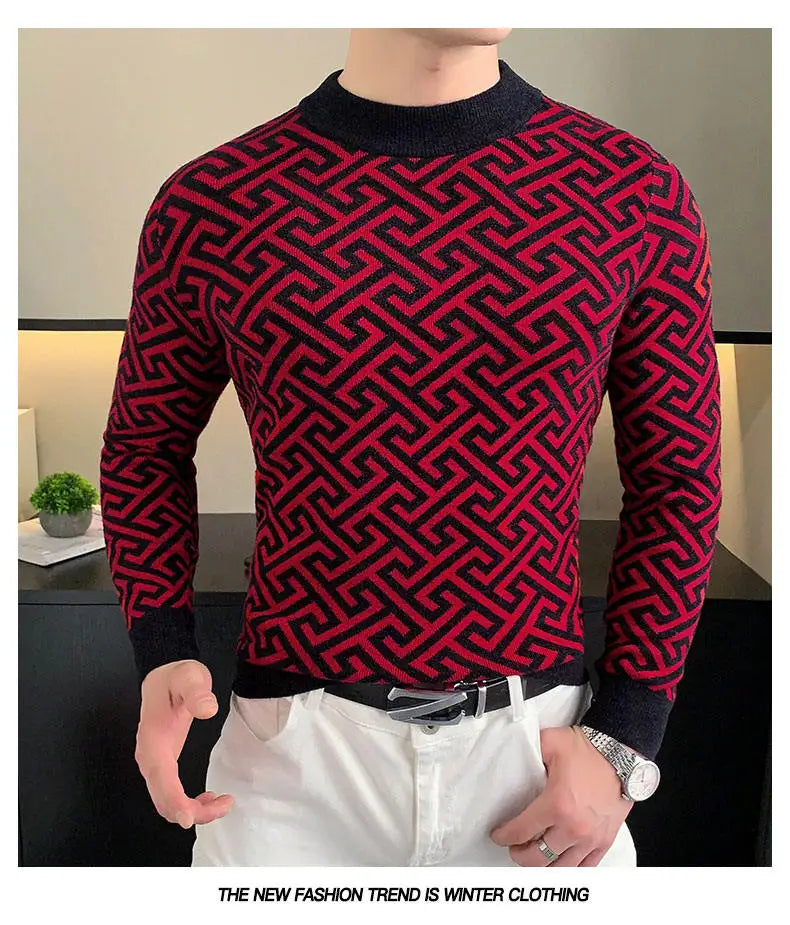 Autumn Winter Velvet Knitted Sweater Men's Long Sleeve Round Necked Sweater Slim Fit Casual Business Knitwear Tops Men Clothing