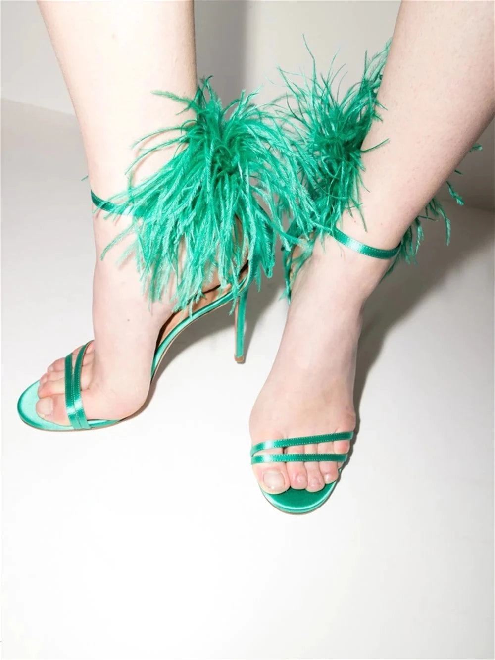 Summer new feather flower silk ribbon sexy open-toe sandals thin high-heeled banquet dress fashionable large-size women's shoes