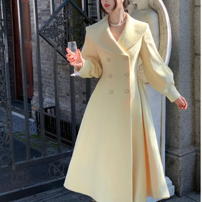 Plus Size 2024 Autumn/Winter New Style French Vintage Tweed Large Lapel Woolen Overcoat Long Sleeve Double Row Button Overcoat