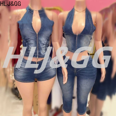 HLJ&GG Blue Fashion Denim Halter Two Piece Sets Women Sleeveless Backless Slim Crop Top And Skinny Jean Pants Outfits Streetwear