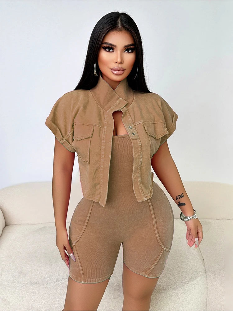 Women Clothes Sexy Female Fitness Gym Jumpsuit Shorts Acid Wash Vintage Bodycon Romper One Piece Short Sleeve Jacket 2 Piece Set
