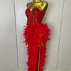 Stock 2025 Women Sexy Sparkly Rhinestone Mesh Feather Long Dress Elegant Evening Party Celebrate Birthday Performance Costume