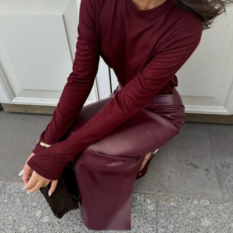 Trendix Women Elegant Burgundy Skirt High Waist Slim Fashion Slit Long Skirts Female Party Slim Club Sexy Vintage PU Skirts 2024