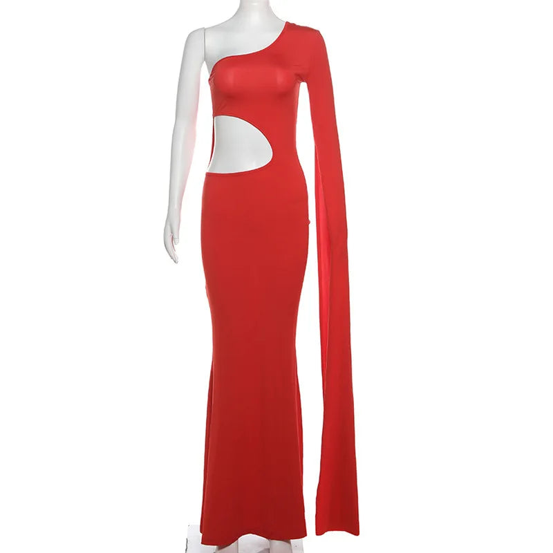 DSMTRC Solid Trend Incline Shoulder Lengthen Single Sleeve Hollow High Street Women Maxi Dress Sexy Elegant Vestidos Attirewear