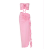 Hugcitar Fashion 2 Pcs Sets Strapless Tie Flower Draped Sexy Crop Tank Top Slit Tassel Maxi Skirt Women Outfit Festival Party