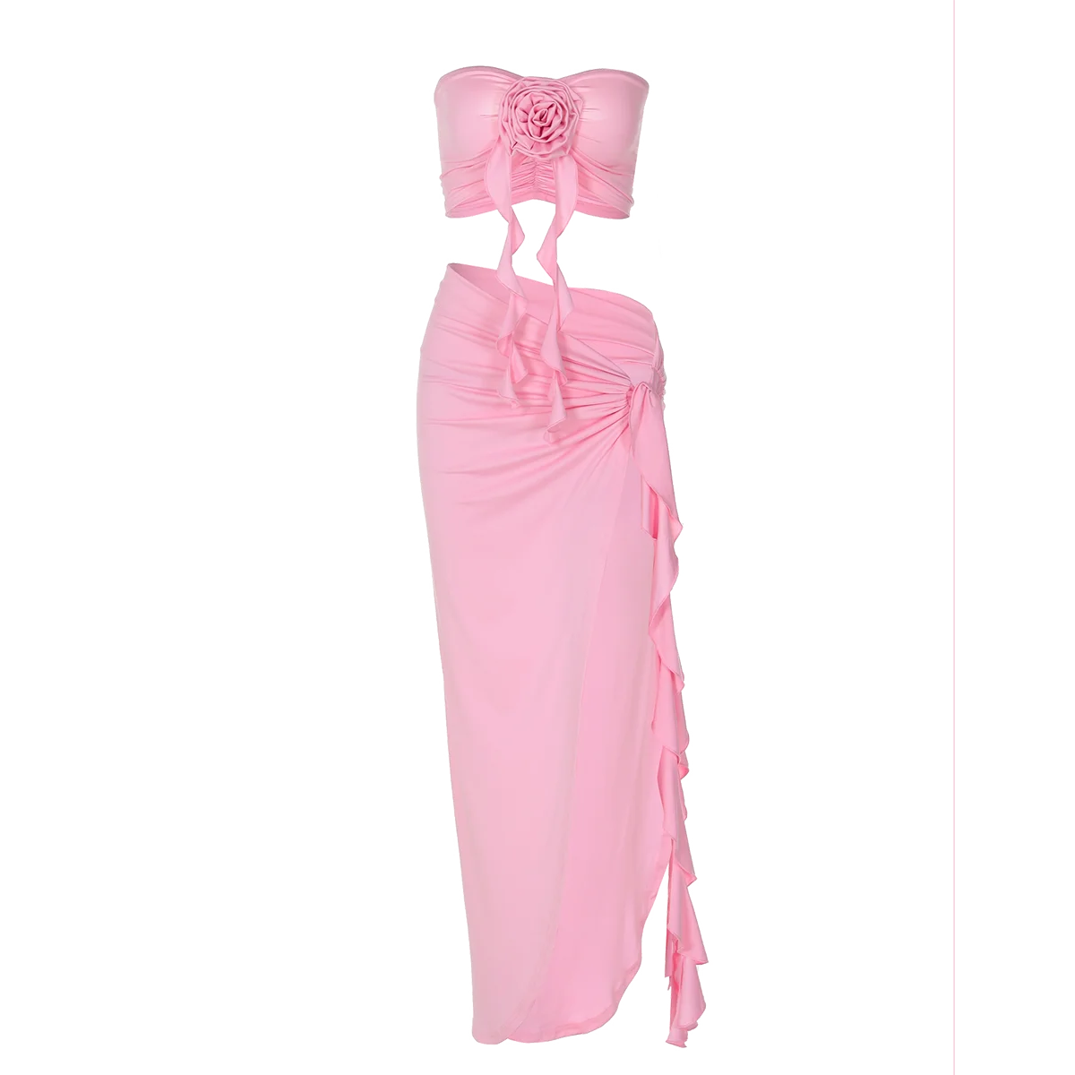 Hugcitar Fashion 2 Pcs Sets Strapless Tie Flower Draped Sexy Crop Tank Top Slit Tassel Maxi Skirt Women Outfit Festival Party