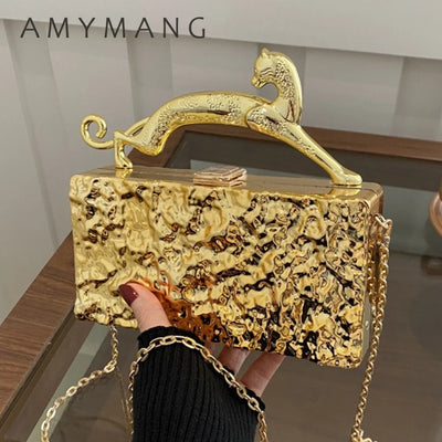 Leopard handle Luxury Gold Silver Party Evening Bag For Women Chain Clutch Handbags And Purses Mini Crossbody Shoulder Phone Bag