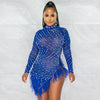 Sexy Pearls Rhinestone Party Dresses Women Elegance Nightclub Feather Birthday Dress Long Sleeve Mesh Sheer Bodycon Mini Dress