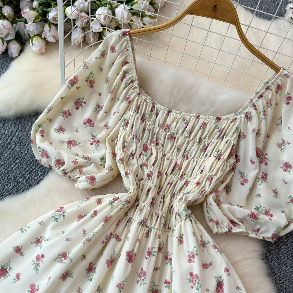 2024 New Summer Flower Print Long Dress Women Vintage Square Neck Ruched Chest Sash Bandage Sundress Party Vestidos