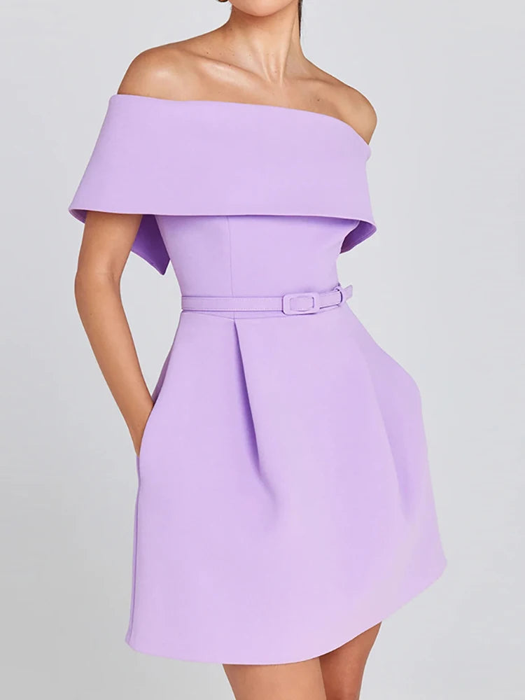 Women Belt Patchwork Short Sleeve Mini Dress, Spring Summer Fashion Slash Neck Party Dress, Solid Off The Shoulder Ladies Dress