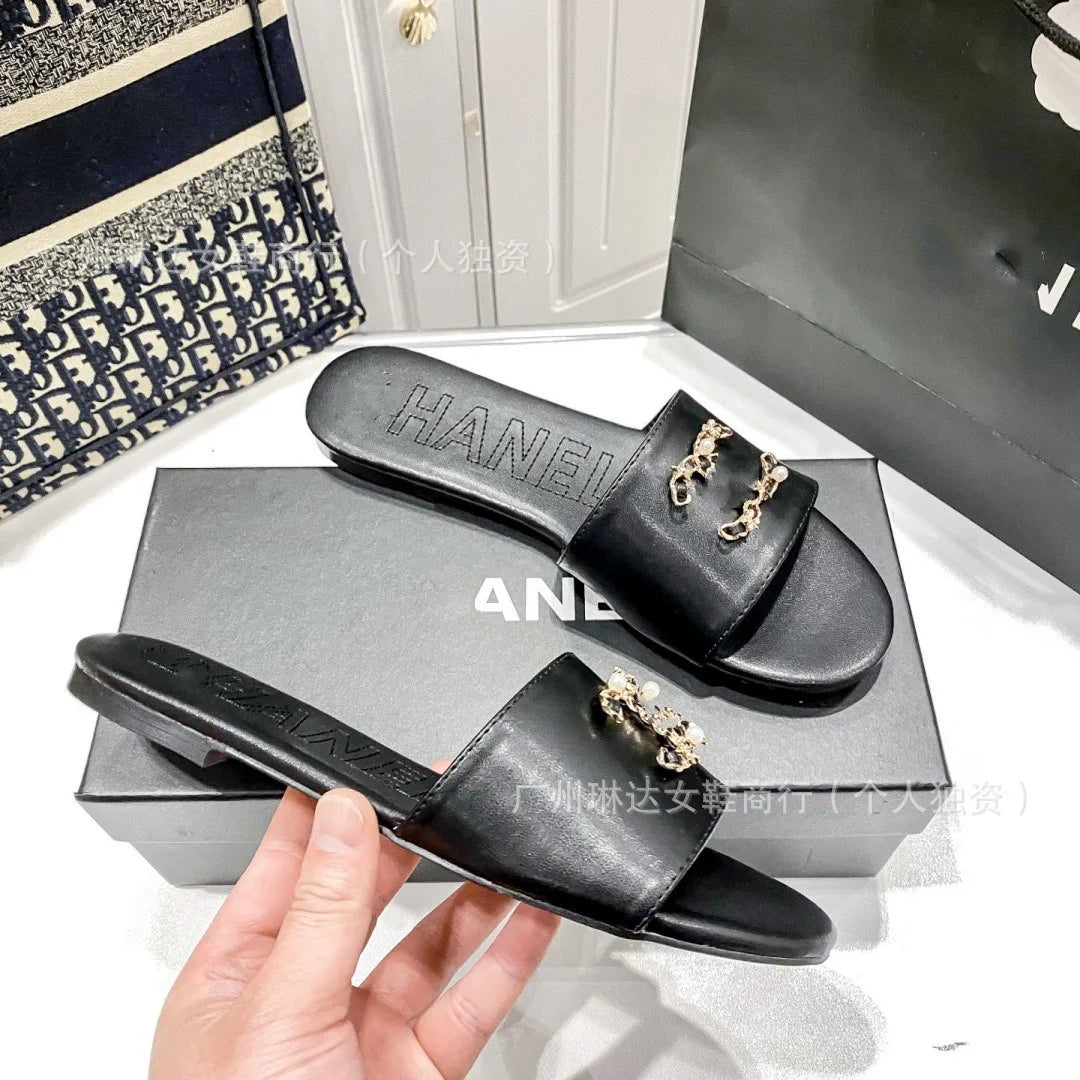 High quality 2025 spring new high-end leather flat slippers with versatile and casual design, high-end temperament, elegant and
