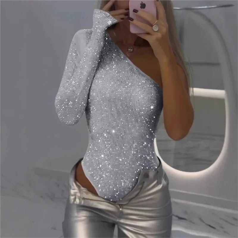 2025 Spice Girls Sexy Sequin Top One-Shoulder Tight Rhinrhinone Solid Color Silver One-Piece Fashion Party Nightclub Summer Top
