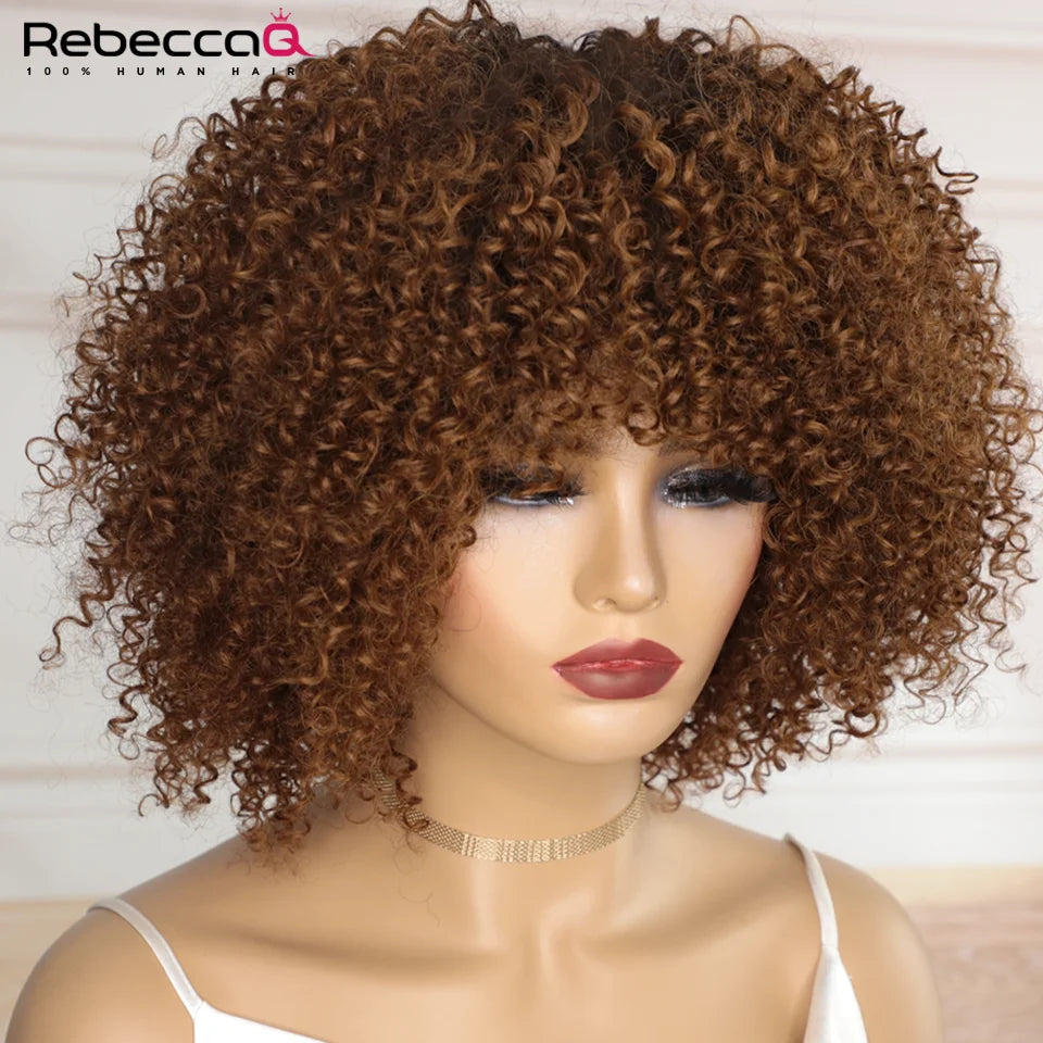 250D Brown Color Afro Kinky Curly Human Hair Wigs with Bangs Wear to go Glueless Wig Remy Brazilian Short Curly Human Hair Wig