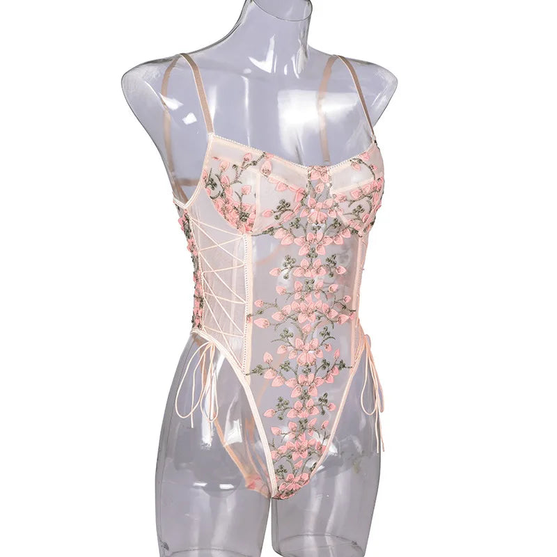 One-piece Backless Floral Embroidery Lace Bodysuit Women 13 Colors String Jumpsuit Lace Up Fancy Sexy Bodysuit Body Femme