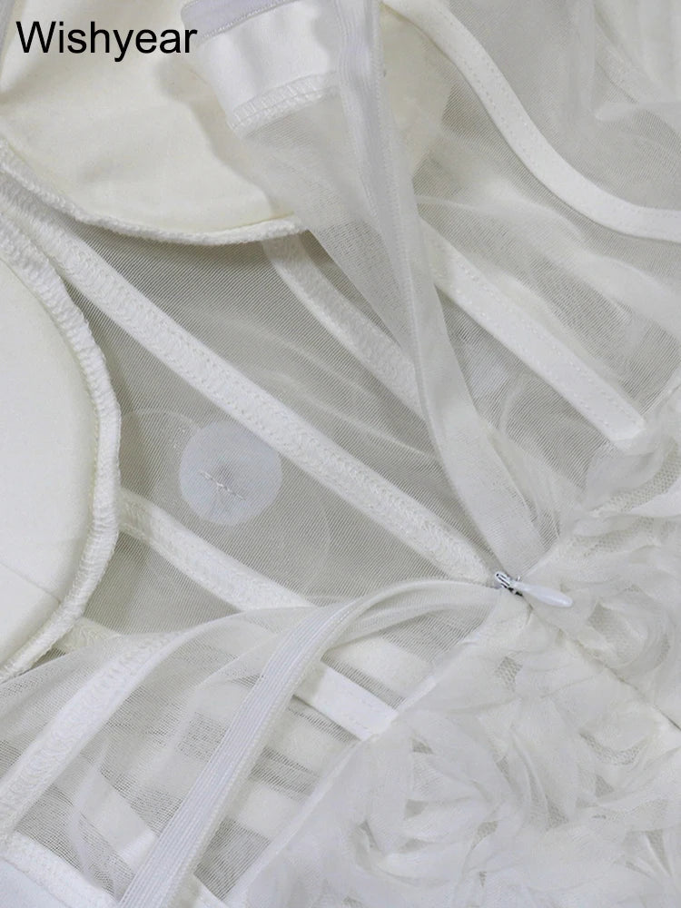 New Sexy Off Shoulder 3D Flower See Through Strapless White Mini Dresses Women‘s Elegant Birthday Evening Guest Party Prom Robe