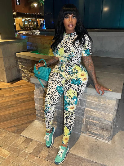 Insglas Print Jumpsuit Women Casual Colorful  Short Sleeve Summer Activity o-Neck Skinny Stretch Fitness Soft Street Overalls