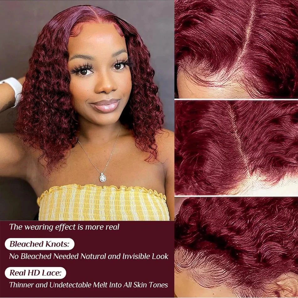 Brazilian Deep Wave 99J Burgundy Lace Front Human Hair Wig 13x4 Deep Curly Short Bob Wigs Human Hair Red Colored Water Wave Wigs