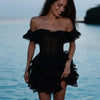 Chic Off-Shoulder Flounce Mesh Dress Woman Transparent Solid Color Layered Short Dresses Sexy Beach Vacation Women's Mini Dress