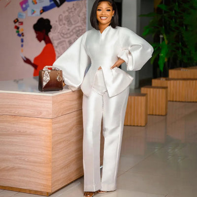 Plus Size Women African Clothes 2 Piece Set Danshiki Wedding Party Suits Ankara Trousers Puff Sleeve South Africa Outfits